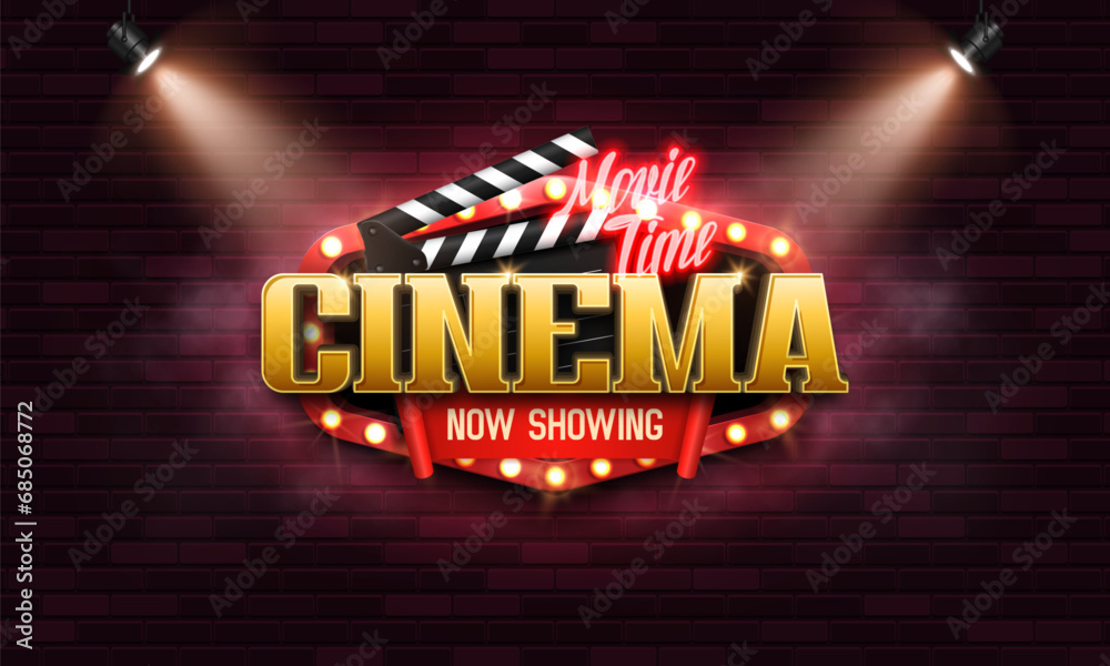 Movie time. Cinema banner or poster with retro neon signs. Vector illustration. - obrazy, fototapety, plakaty 