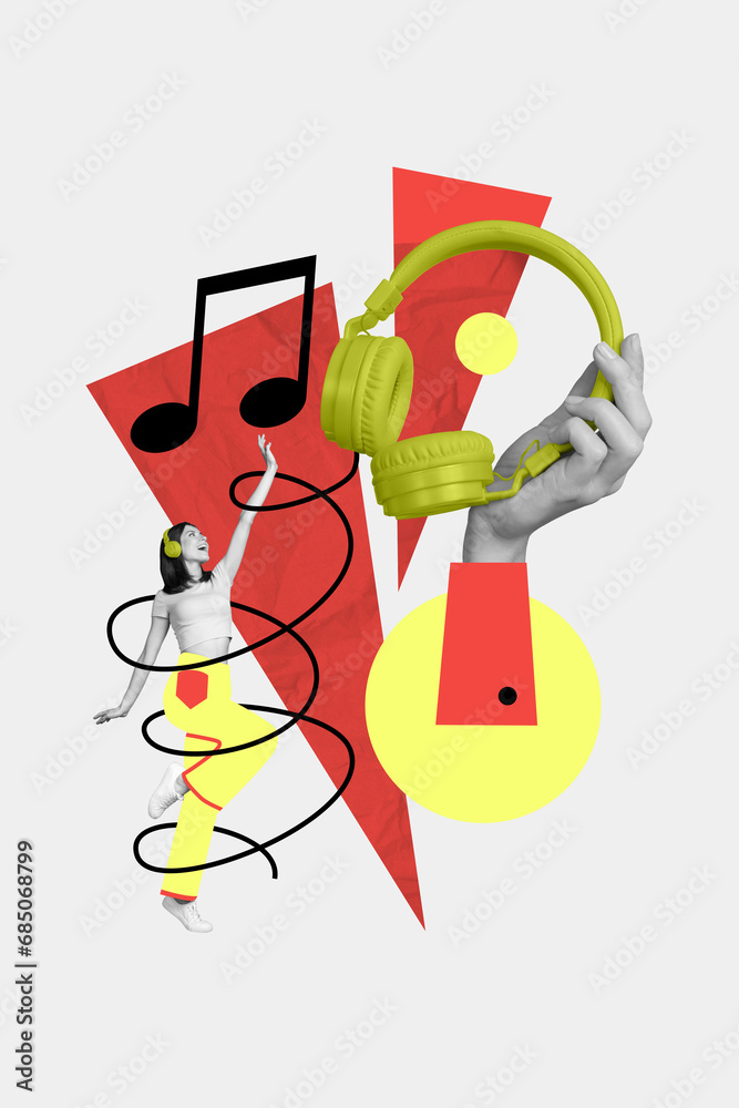 Φωτογραφία Vertical collage picture of mini black white colors girl dancing enjoy music pai