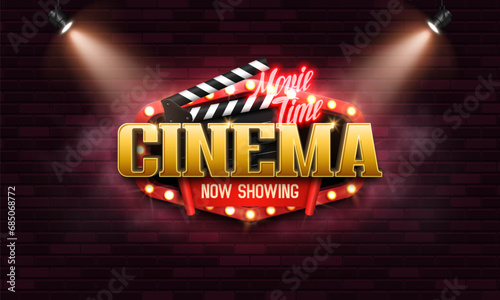 Movie time. Cinema banner or poster with retro neon signs. Vector illustration. photo