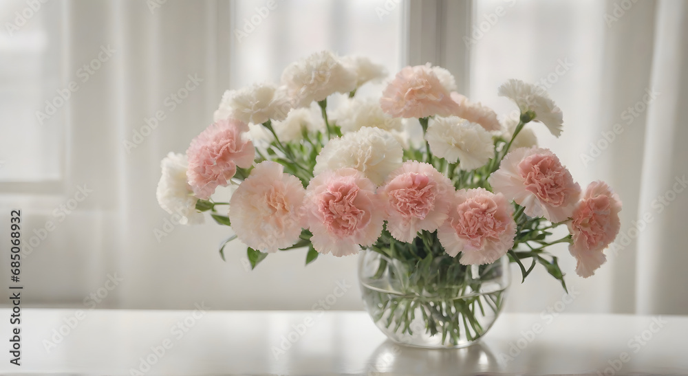 Obraz premium A vase of beautiful pink flowers on the table in front of the window, AI generated