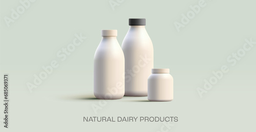 Composition of white empty plastic bottles for dairy products 3D. For the concept of farm natural dairy products. Banner for branding, design template. Vector