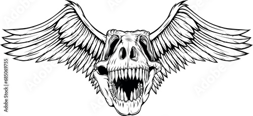 Dinosaur head skeleton hand drawn line art illustration on white background