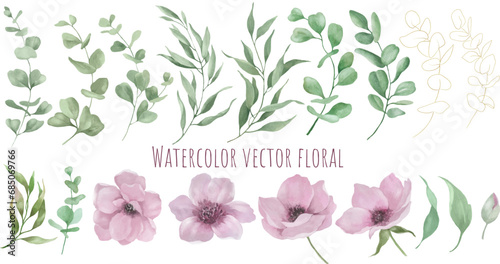 Watercolor floral set. Hand drawing illustration isolated on transparent background. Vector EPS.