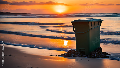 An overflowing metal trash can on an empty beach contrasts with a beautiful sunset, highlighting the need for responsible waste disposal and environmental protection