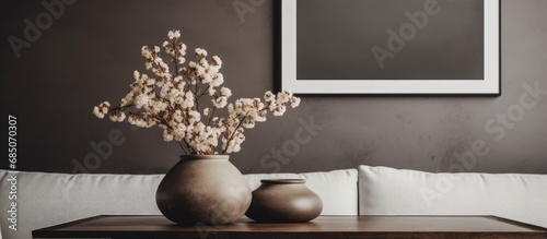 Grey wall with black and wh...