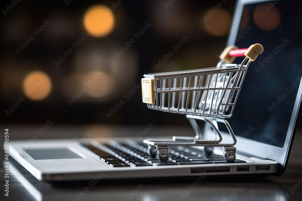 Miniature shopping trolley on laptop. online shopping concept.