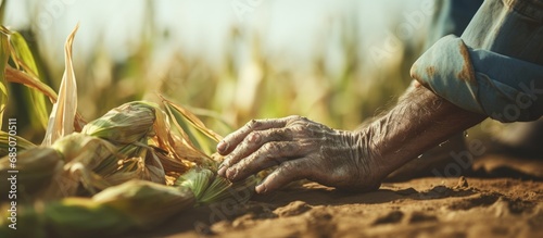 Farmers touching dead corn leaves due to herbicide application causing agribusiness damage and insured indemnification events copy space image