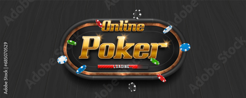 Banner Online Poker with table and chips. Vector illustration.