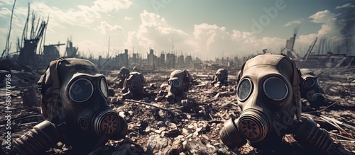 Gas masks and respirator in ruined Pripyat a ghost town after the Chernobyl nuclear disaster Exclusion zone with radiation risk copy space image