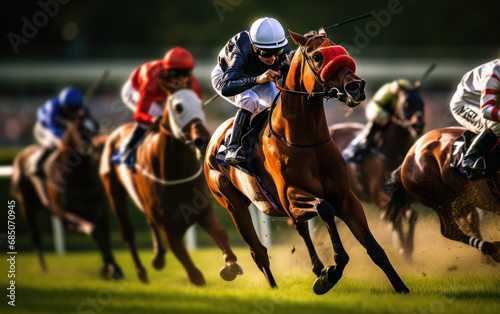 horse race with jockey on the field photo