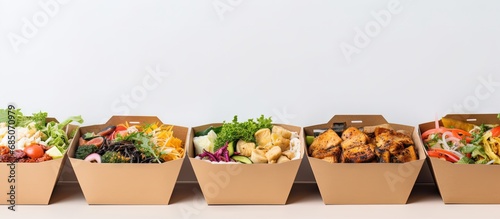 Healthy food delivery for daily nutrition in take away boxes at a restaurant pictured on a white background copy space image