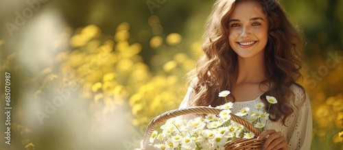 Happy woman in light dress with chamomile flowers holding basket looking at camera in nature copy space image photo