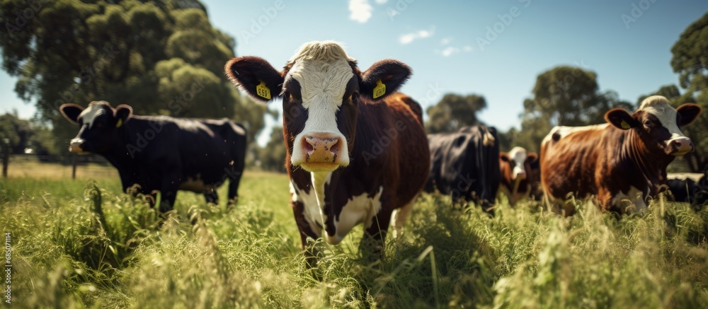 Fototapeta premium Grazing beef cows and calfs south west Victoria Australia eating hay and silage breeds specked park murray grey angus brangus copy space image