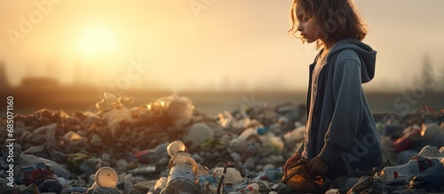 Environmental plastic pollution problem depicted by girl amidst garbage copy space image