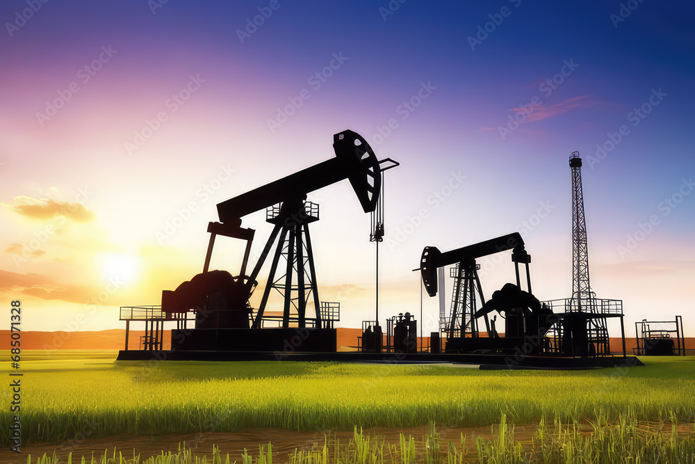 A silhouette of an oil pumps and rig against a sunset sky.Generative AI
A silhouette of an oil pumps and rig against a sunset sky.Generative AI
