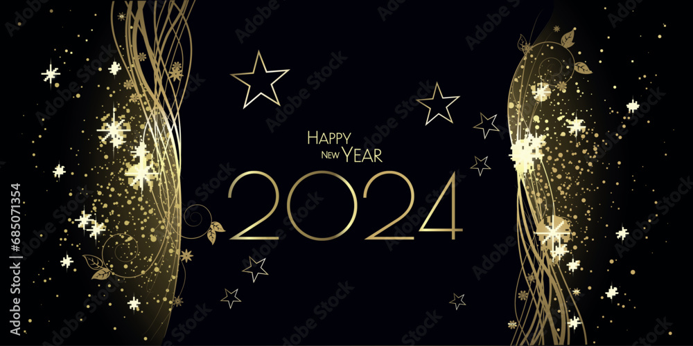 Happy New Year 2024 - Black and gold waves and diamond dust design