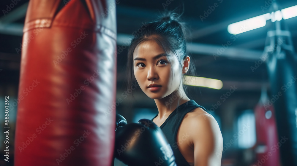 Beautiful female boxer engaged in training in the gym, young woman in boxing gloves hits her paws in the ring
