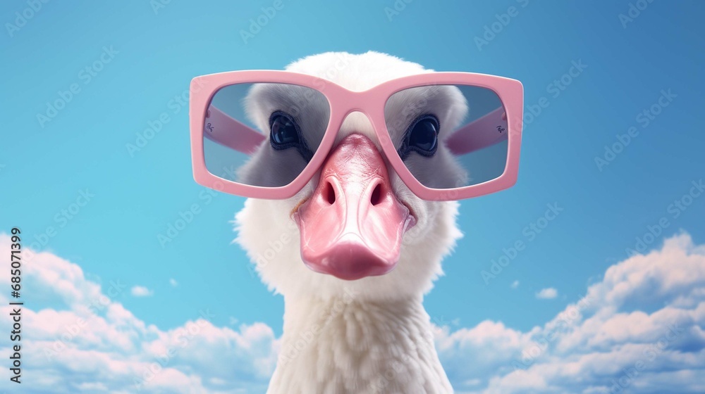 Creative animal concept. Goose bird in sunglass shade glasses isolated on solid pastel background, commercial, editorial advertisement. create using a generative ai tool 