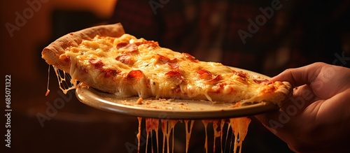 Customer in Italian restaurant enjoys incredibly cheesy pizza slice copy space image
