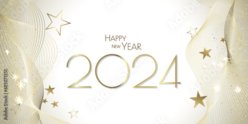 Happy New Year 2024 - Black and gold waves and diamond dust design