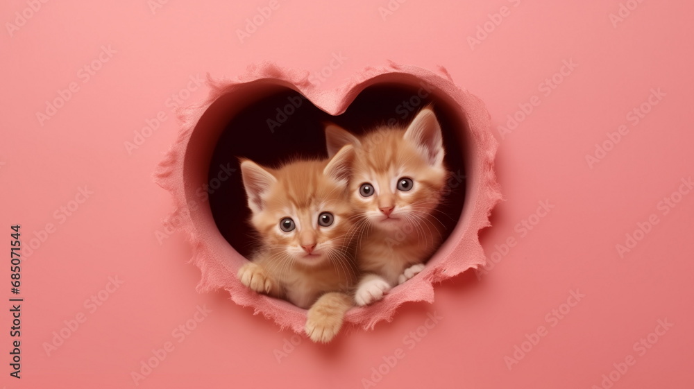 Two cute cats or kittens peeking out from torn hole of heart shape in the wall isolated on pink background. Copy space