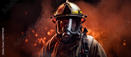 Firefighter emergency safety hero in protective gear copy space image