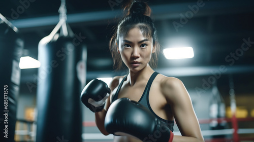Beautiful female boxer engaged in training in the gym, young woman in boxing gloves hits her paws in the ring © AspctStyle