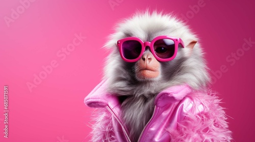 Creative animal concept. Monkey in glam fashionable couture high-end outfits isolated on bright background advertisement, copy space. create using a generative AI tool 