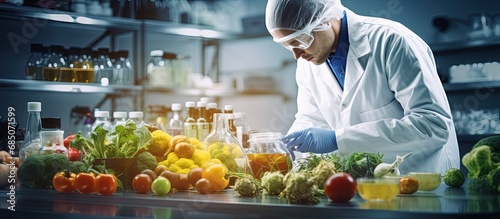 Food chemists analyze chemical residues in the lab while quality inspectors examine fruits and vegetables for hazards prohibited substances and contamination using microscopes photo