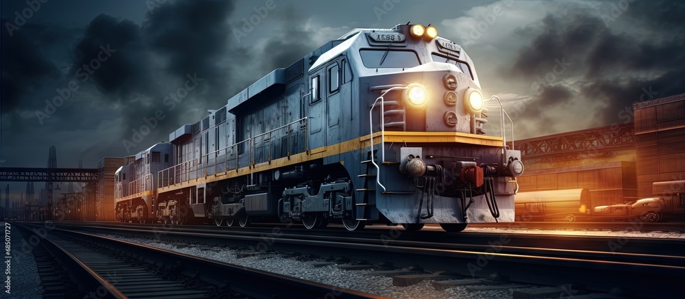 Diesel locomotive shunts cars at sand plant copy space image - obrazy, fototapety, plakaty 