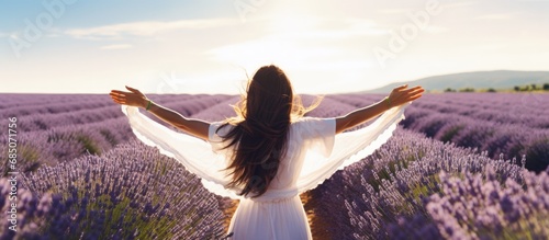 Lavender field in France a free woman enjoying nature with open arms in a white dress copy space image photo