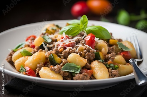 Gnocchi beef pan food plate. Meat dish cuisine cooking sauce. Generate Ai