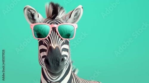 Creative animal concept. Zebra in sunglass shade glasses isolated on solid pastel background  commercial  editorial advertisement  surreal surrealism. create using a generative ai tool 