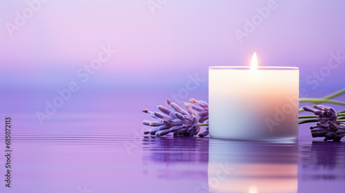 A lit candle in a glass jar on a reflective water surface. The background is a gradient of purple and pink. The jar is surrounded by purple lavender flowers. 