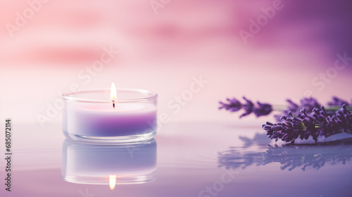 A lit candle in a glass jar on a reflective water surface. The background is a gradient of purple and pink. The jar is surrounded by purple lavender flowers. 