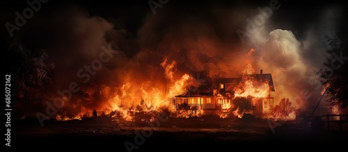 House engulfed in flames and dark smoke copy space image