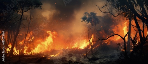 Human caused fire is burning in the rainforest copy space image