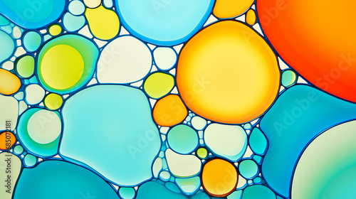An abstract vibrant pattern - background of circles and ovals with blue, orange, and yellow colors. The circles and ovals are outlined in a thin black line.