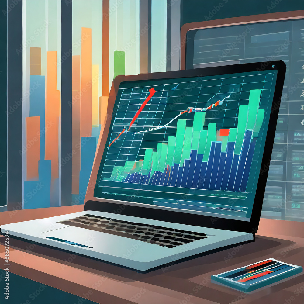 Laptop showing stock and business charts and graphs, business and stock market Laptop showing stock and business charts and graphs, business and stock market