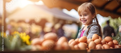 Little girl purchasing organic eggs at a farmers market copy space image photo