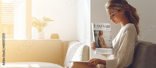 Homebound young woman reading magazine design banner copy space image photo