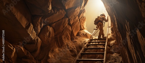 Individual descending ladder into underground mine shaft No trespassing Mining claim site in Arizona desert copy space image