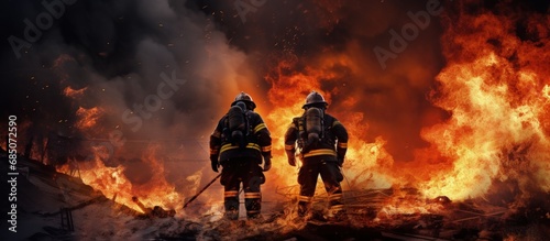 Courageous firefighters combat fire bomb explosion copy space image