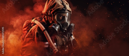 Firefighter equipped with gas mask and pickaxe actively engaged copy space image