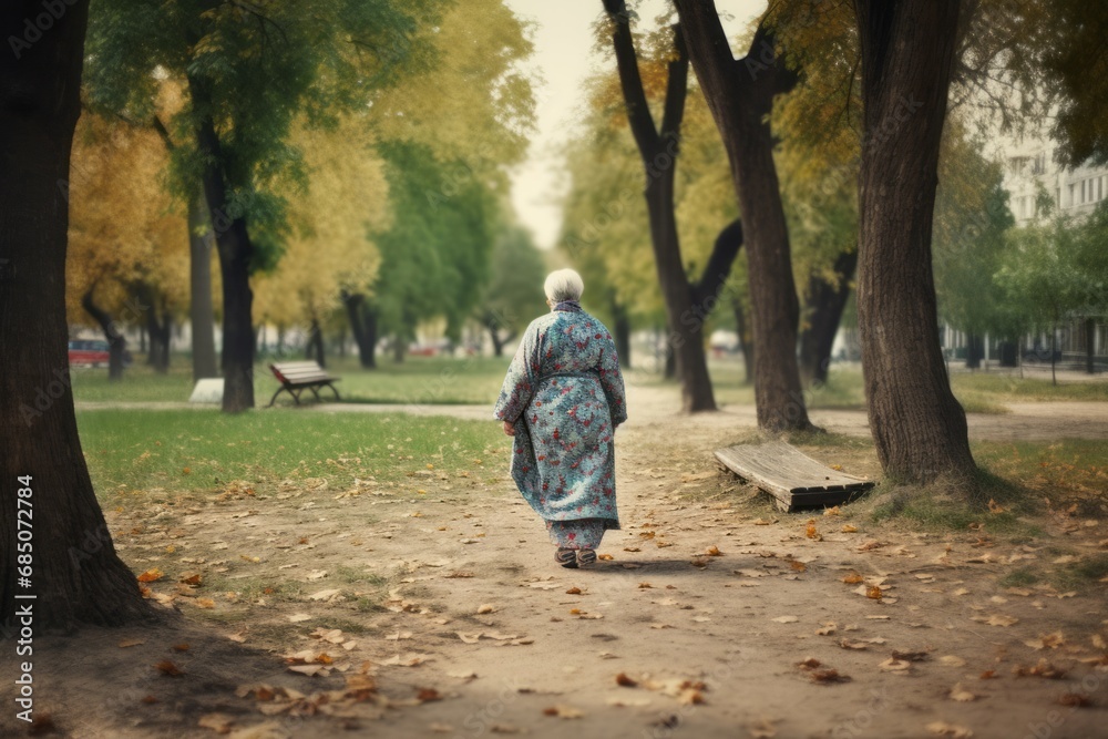 Granny strolling alley. Atmospheric park with big trees and old benches. Generate AI Granny strolling alley. Atmospheric park with big trees and old benches. Generate AI