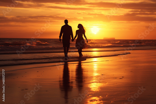 Love, relationship, nature concept. Young couple walking in beach during late sunset. Dark people silhouettes illuminated by yellow sun walking in sea or ocean water