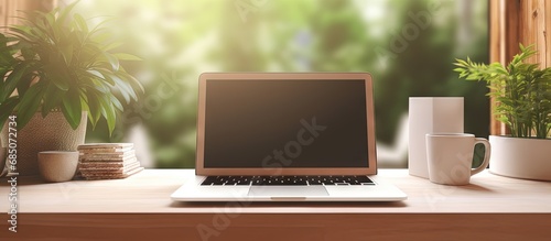 Wallpaper Mural Detailed perspective of cozy workspace with empty laptop screen and office materials copy space image Torontodigital.ca