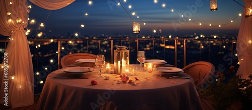Intimate proposal spot park tent with candles and garlands copy space image photo