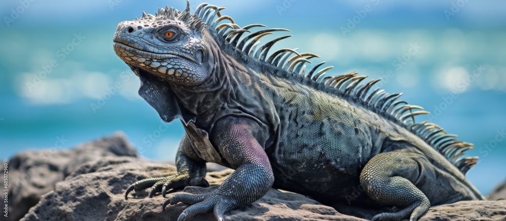 Galapagos marine iguana on volcanic rocks copy space image Galapagos marine iguana on volcanic rocks copy space image
