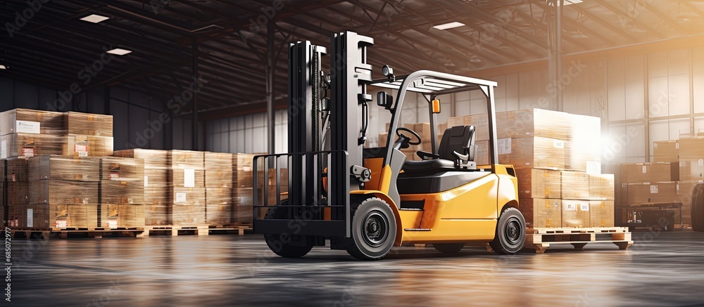 Loading and unloading cargo with a forklift onto a container at the warehouse dock copy space image